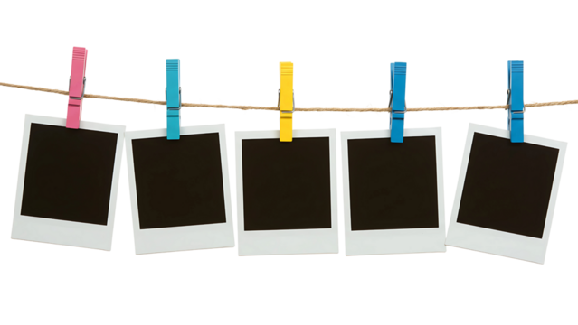 Five empty Polaroid photo frames hanging on string with wooden clips, transparent background, ideal for memory collages, wedding invitations, or vintage-themed graphic designs.