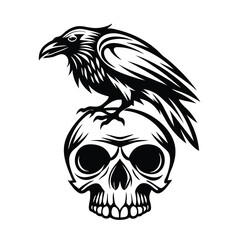 Raven Perched Atop Human Skull Black and White Tattoo Style 85