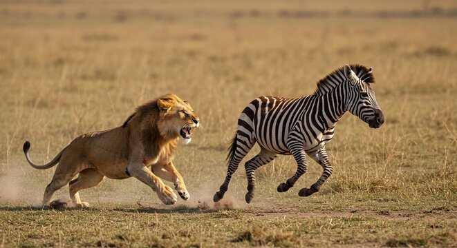 Lion chasing Zebra in African Savannah
