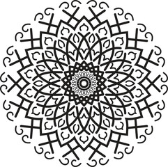 Circular Mandala Design: A captivating symmetrical mandala with intricate geometric patterns, showcasing black lines on a white background, inviting contemplation and mindfulness.