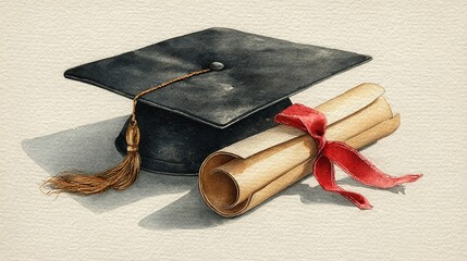 The achievement of graduation elegant watercolor illustration featuring a cap and diploma. Perfect for capturing the essence of success and new beginnings. High quality. High quality
