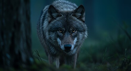 Majestic Gray Wolf in Twilight Forest