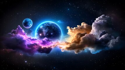 Obraz premium there are two planets in the sky with clouds in the foreground