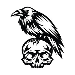 Obraz premium Raven Sitting on Skull Design, Black and White Illustration, Isolated on White
