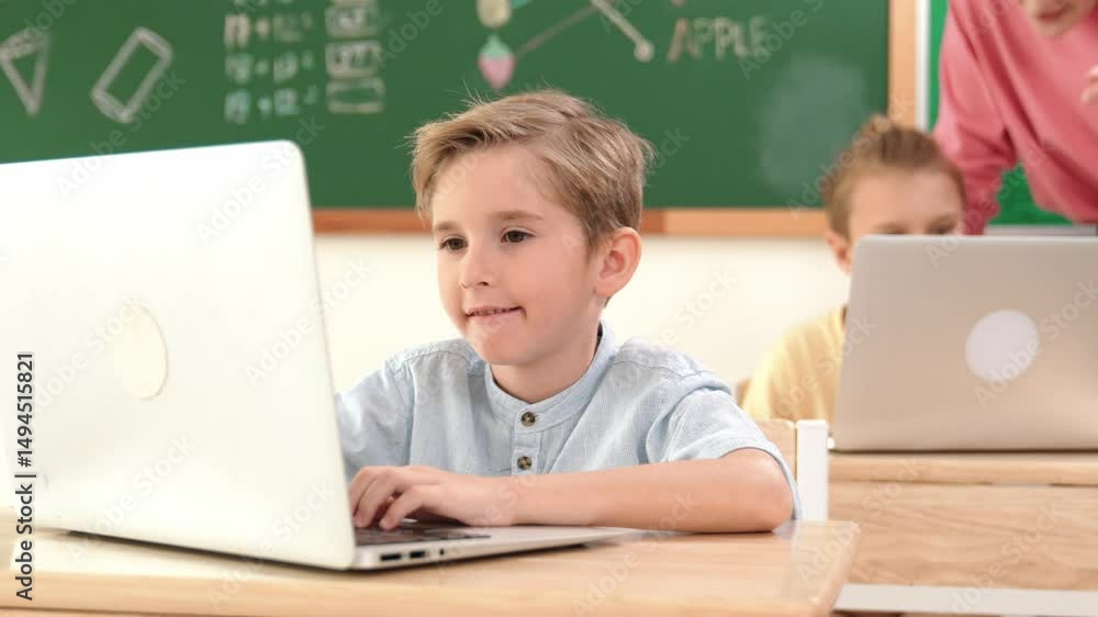 Poster caucasian boy working at laptop while diverse children programing software system. teacher and stude