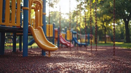 Colorful playground equipment on a sunny day in a park.  A yellow slide is in the foreground, with other play structures and chain swings in the background. 