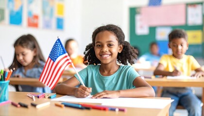 Smiling girl in classroom holds American flag