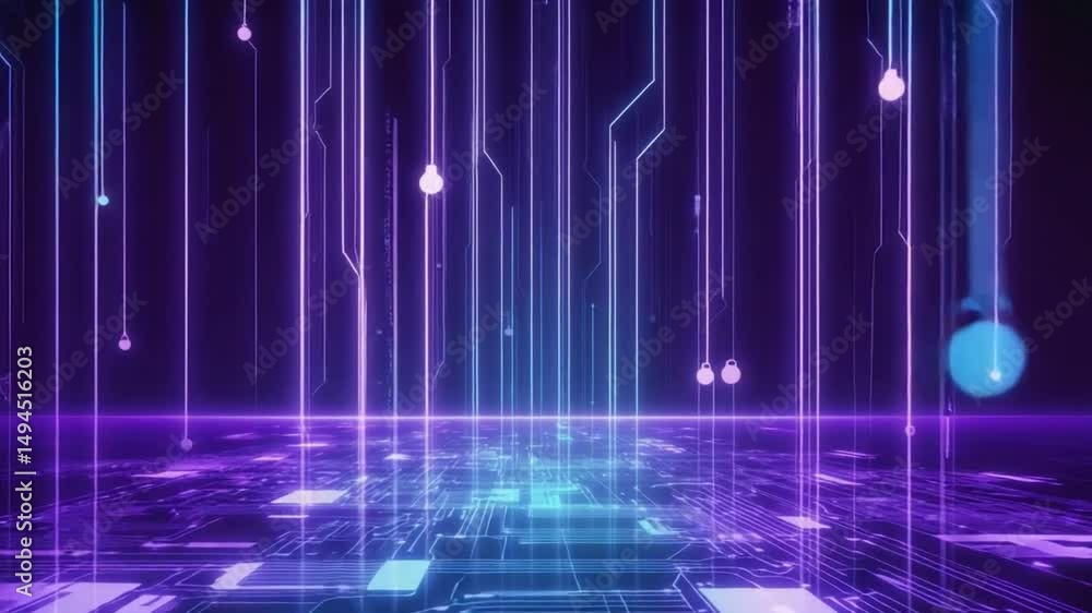 Poster neon circuit board with abstract falling lines