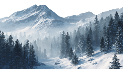 Misty Winter Mountain Range with Snow Covered Forest, PNG