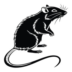 Black Silhouette of a Rat Standing Upright with Intricate Details on White Backdrop