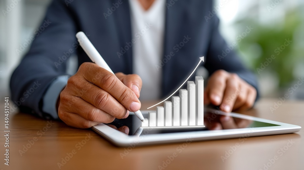 Poster man is writing on a tablet with a graph of a rising line. concept of progress and growth, as the gra
