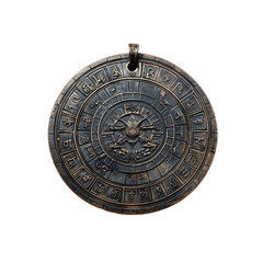Antique Bronze Circular Pendant with Intricate Engraved Symbols and Design