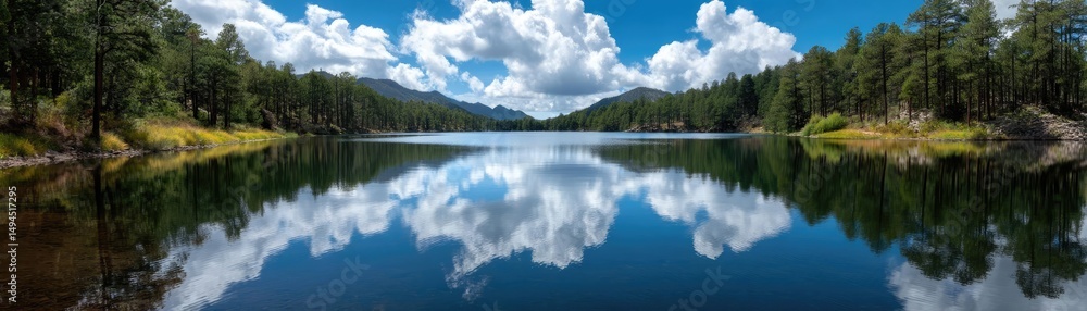 Poster scenic view of lake in pine forest with water and mountain concept. tranquil lake reflecting clouds 
