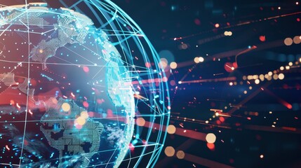 Futuristic digital globe with connected network lines and data streams.