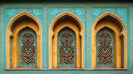 Obraz premium Arched windows, intricate design, turquoise & gold