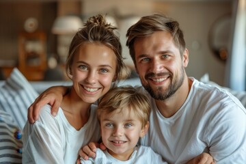 Fototapeta premium Happy family of three smiling together at home, embracing and looking into the camera.