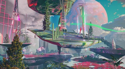 Colorful futuristic cityscape with floating structures and vibrant extraterrestrial landscape.