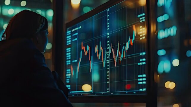 Person viewing financial data on a large screen at night.