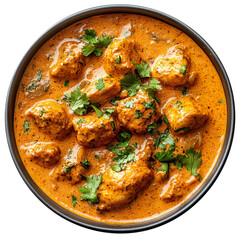 Dairy-free butter chicken with coconut cream isolated on a white background.