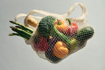 Fresh vegetable in organic string mesh bag. Fresh and healthy vegan meal preparation concept. Eco shopping and plastic free lifestyle theme.