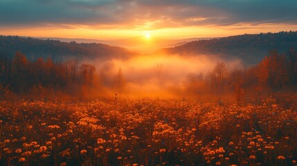 Fototapeta premium Misty Sunrise over Autumnal Meadow