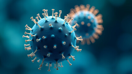 Smooth coccus contrasts spiky virus under microscope, golden halos on blue field with motion particles.