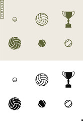 Sport. Icon set. Volleyball ball golf ball and tennis ball with trophy 