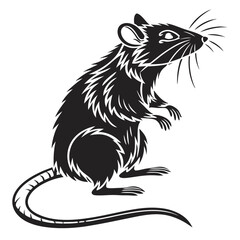 Black Silhouette Rat Standing Upright, Looking Right Isolated on White, Rodent Mammal