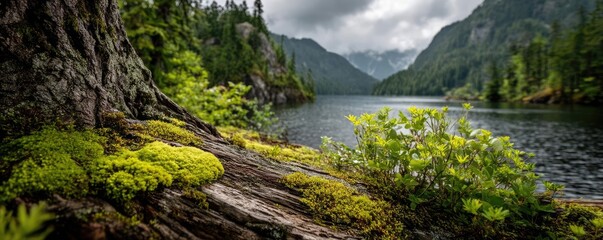 Scenic view of lake in pine forest with tree and rock concept. Serene lakeside view with lush greenery and majestic mountains.