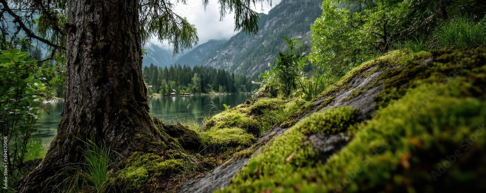 Aufkleber scenic view of lake in pine forest with tree and rock concept. serene landscape with lush greenery a