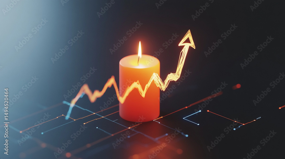 Aufkleber a lit candle with an upward trending arrow and digital network lines on a dark gradient background