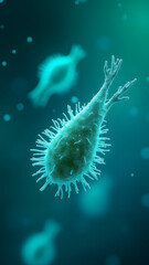Flagellated bacillus and complex bacteriophage glowing blue-green under microscope, showing motility structures.