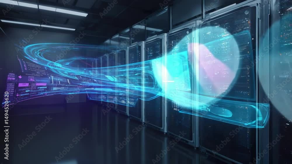 Poster digital data stream flowing in server room