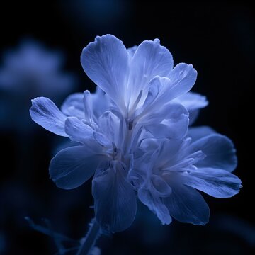 A close-up of a delicate, white flower against a dark background, with a blue tint and a focus on the flower's intricate petals.