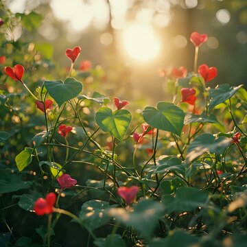 The image features a vibrant scene of red heart-shaped flowers against a backdrop of lush green foliage, bathed in the warm glow of the sun, creating a serene and romantic atmosphere.