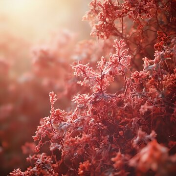 The image features a close-up of vibrant red foliage with delicate, translucent edges, suggesting a soft, warm light.