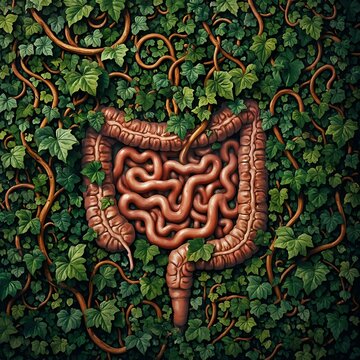 The image is a surrealistic depiction of the human intestine, surrounded by an abundance of green ivy leaves, creating an impression of an internalized body.