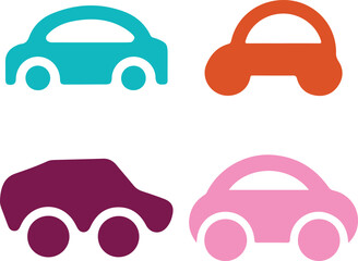Four colorful cartoon car art & illustrations, perfect for children's projects. 