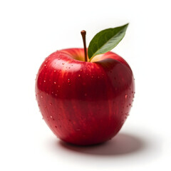 Crisp Red Apple with Leaf and Water Droplets on White Background