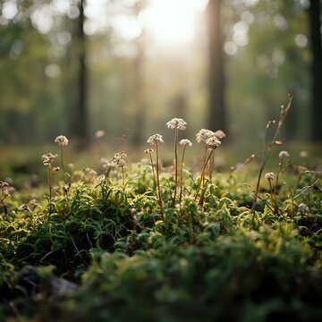 The image showcases a field of small, delicate white flowers with green foliage, bathed in warm sunlight filtering through the forest canopy.