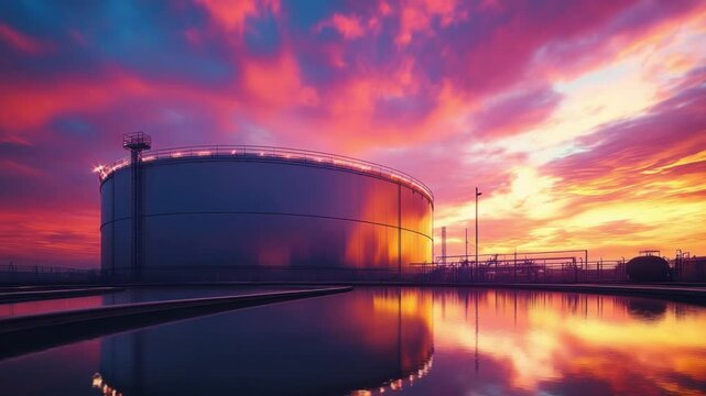 Industrial Dawn: A massive industrial storage tank stands against a vibrant, painted sky. Reflections dance across the tranquil water