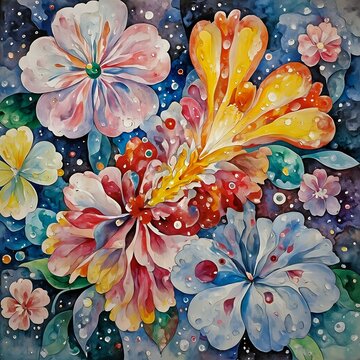The image features a vibrant and colorful painting of a floral arrangement, with flowers in various shades of pink, orange, and yellow, against a backdrop of a dark blue and purple gradient.
