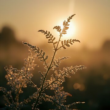 The image captures a frost-covered plant branch bathed in the warm glow of the setting sun, with the light-colored frost adding a touch of ethereal beauty to the natural scene.