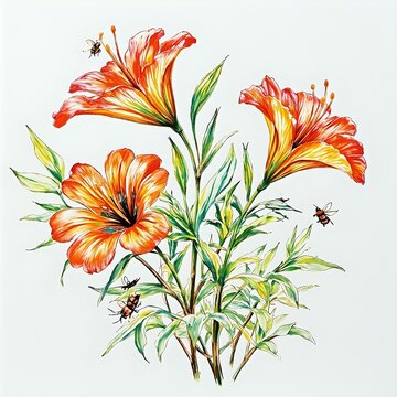 A botanical illustration of a vibrant lily flower, with bees hovering around it, against a white background.