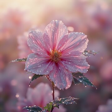 A close-up of a pink flower with dew droplets on its petals, set against a blurred, soft pink and purple background at sunset.