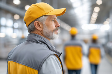 Photo of a white man in delivery uniform receiving his route from a team leader in the warehouse dispatch area. Back facing to the camera. Morning light, logistical and goal-orient