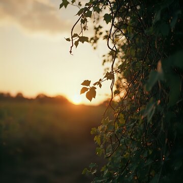 The image captures the silhouette of a tree branch at dusk, with the sun setting behind a lush, green landscape.