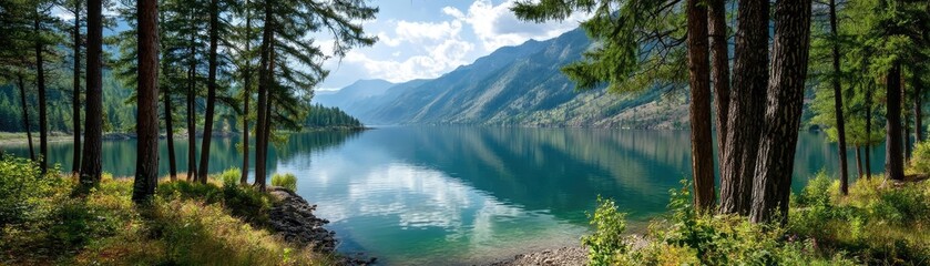 Obraz premium Scenic view of lake in pine forest near beautiful mountain concept. Serene lake surrounded by trees with mountains in the background.