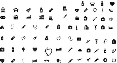 A black silhouette set of 35 healthcare-related icons on a white background. Include essential healthcare symbols 