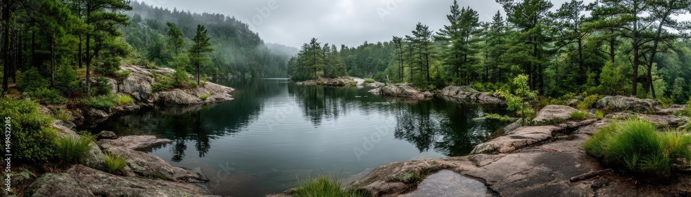 Poster scenic view of lake in pine forest with tree and rock concept. serene view of a misty lake surrounde